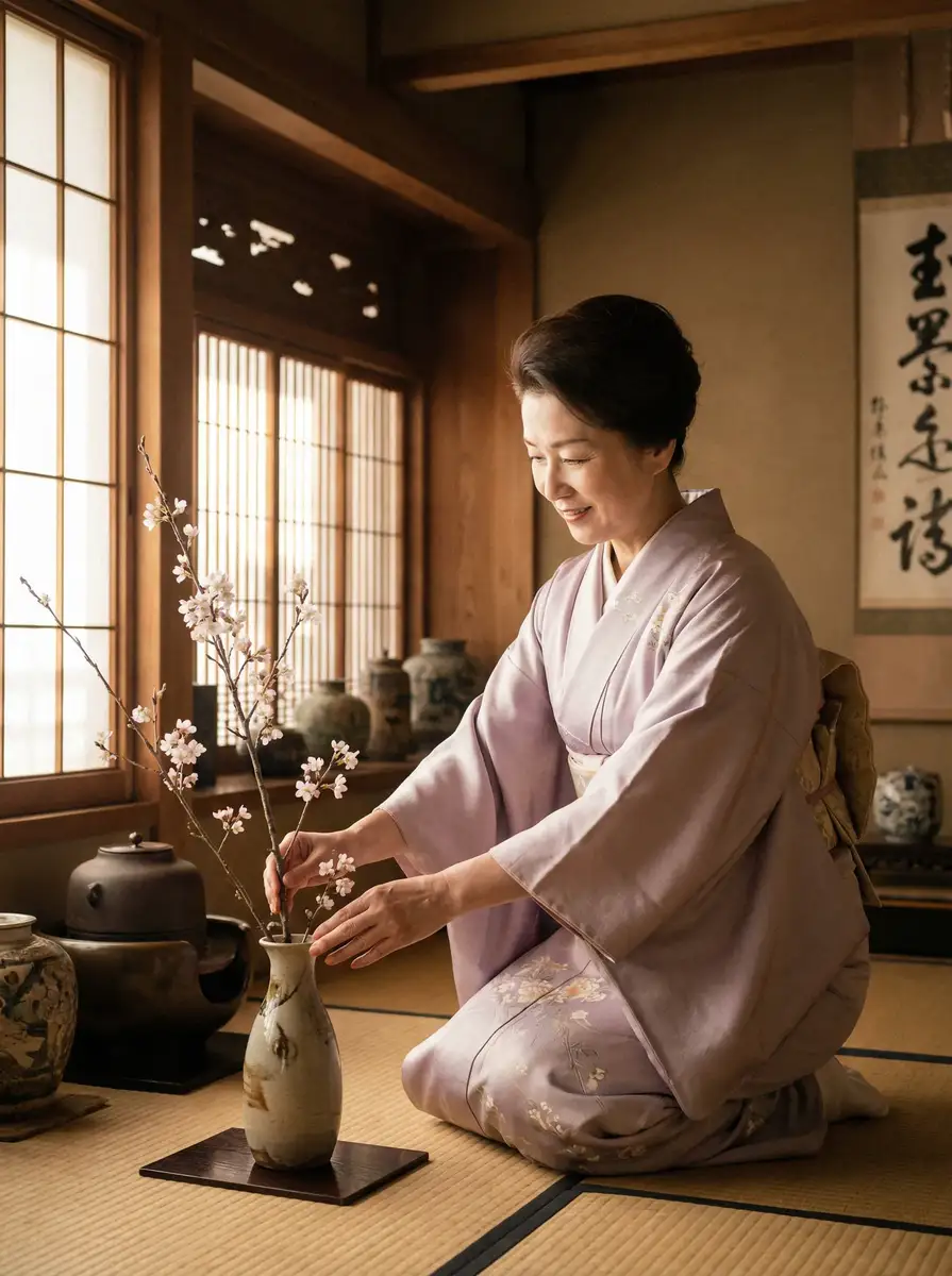 一位优雅的 草莓视频 在和室中插花
